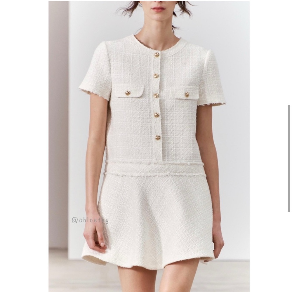 Zara Cream/White Tweed Dress with Gold Buttons XL